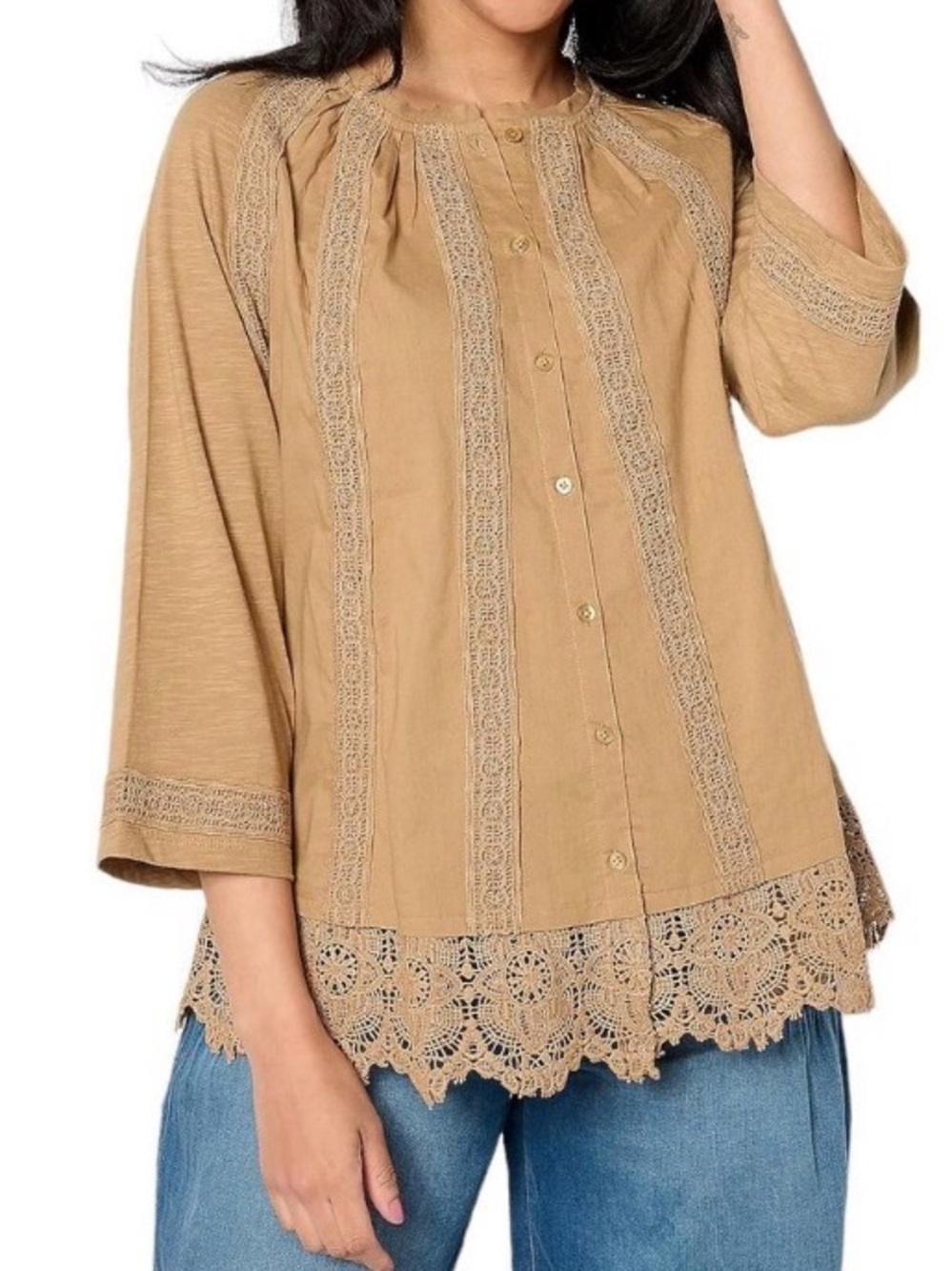 LOGO Crochet Trim Button-Front Tunic Top in Camel